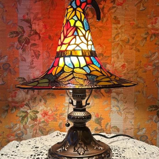 Witch Hat Lamp Stained Glass Resin Wizard Hat Light Spooky Gothic Table