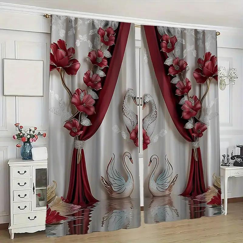 Elegant Swan Red and White Floral Printed Curtains   Suitable for Bedroom and Living Room Home Decoration