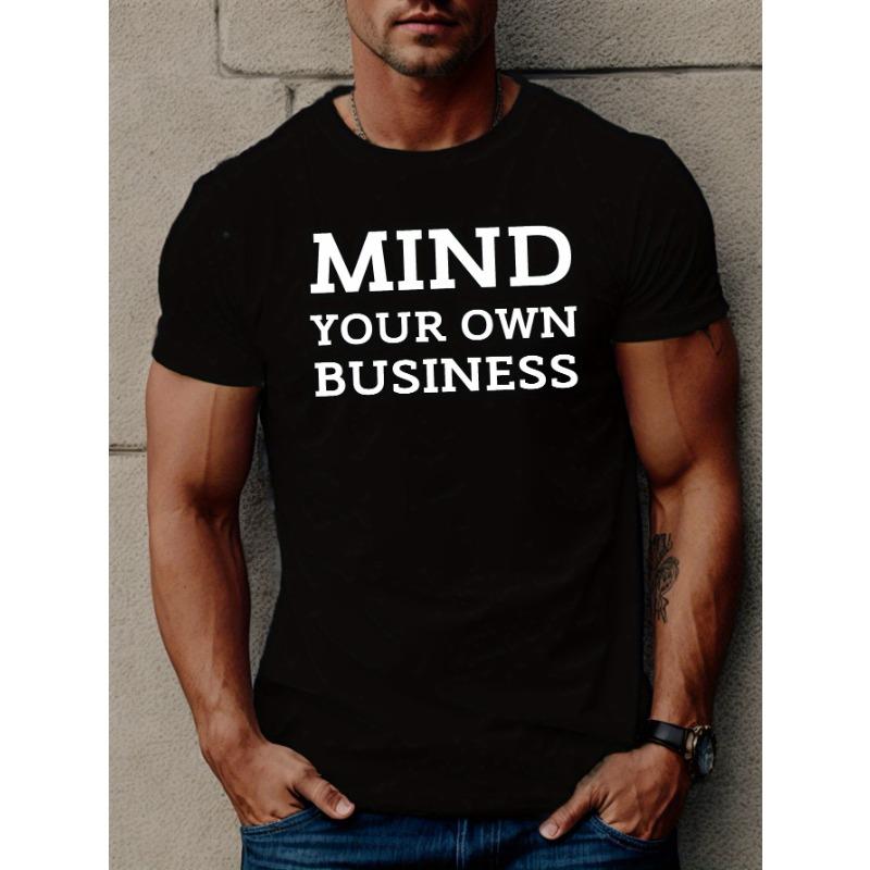 European Size Mind Your Own Business" Men's Casual Short Sleeve T-Shirt - Breathable Cotton, Geometric Print, Round Neck - Perfect for Summer