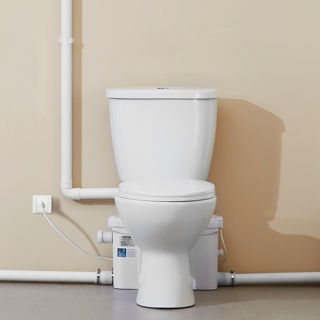 VEVOR Sistema de Inodoro Macerador con Potente Bomba Maceradora de 800W, Descarga Trasera e Inodoro Elevador Para Sótanos, Eliminación de Agua de Doble Descarga