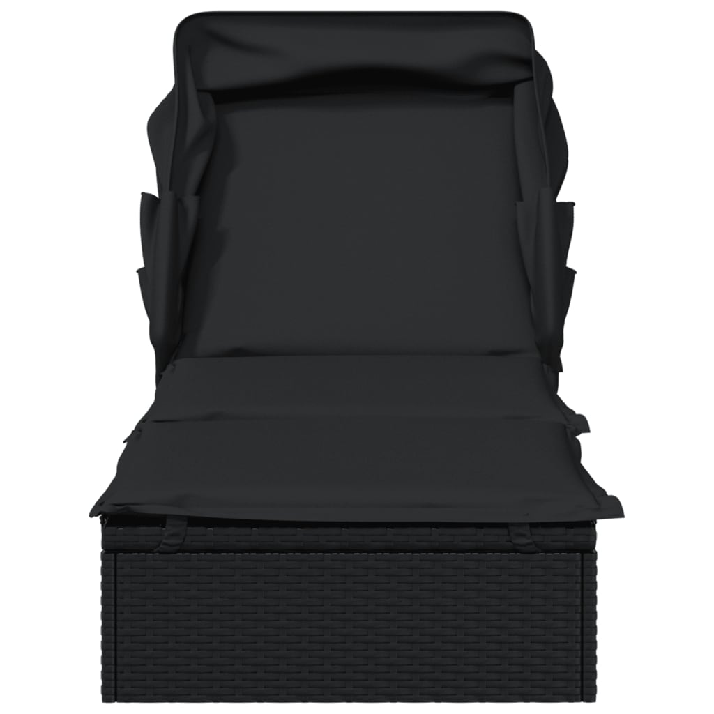 Folding Sun Lounger with Canopy Black 213x63x97 Cm Poly Rattan