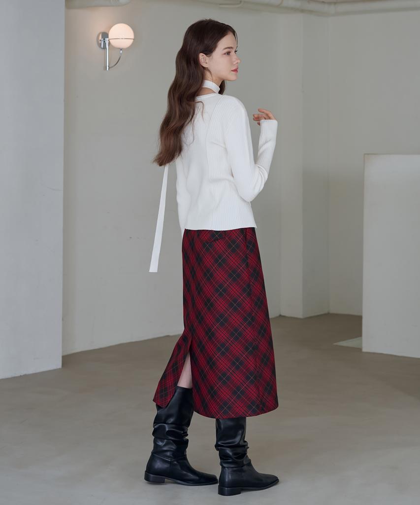 Deuloupisumeon Bias Check Goldish Midi Skirt [Red]
