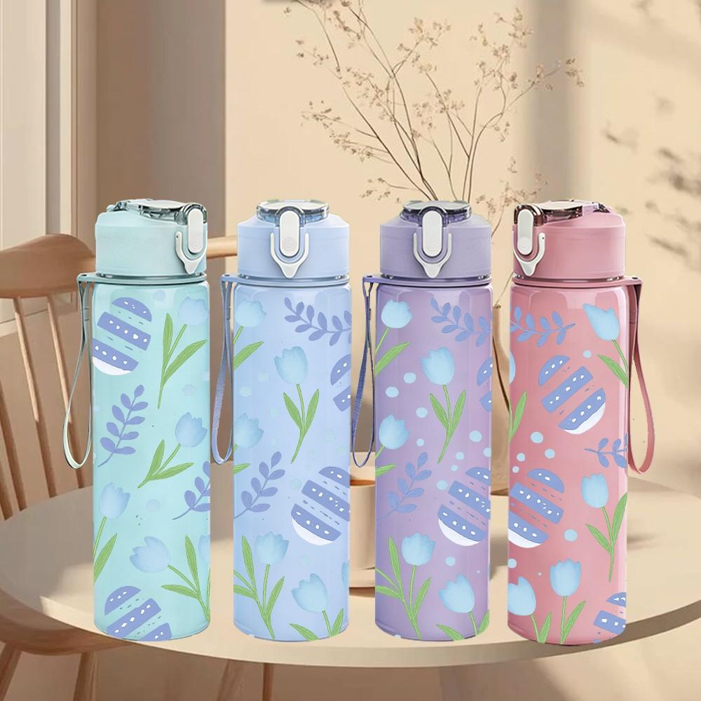 1PC Blue Lavender Floral Seamless Pattern Print 750ml Color Plastic Sports Water Bottle Leakproof Flip Straw Lid Suitable for Sports Office Home Use