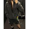Unisex Kapuzenjacke mit langen Ärmeln und Reißverschluss Oversized Streetwear Vintage Gewaschen Stern Strass Sweatshirt Jacke