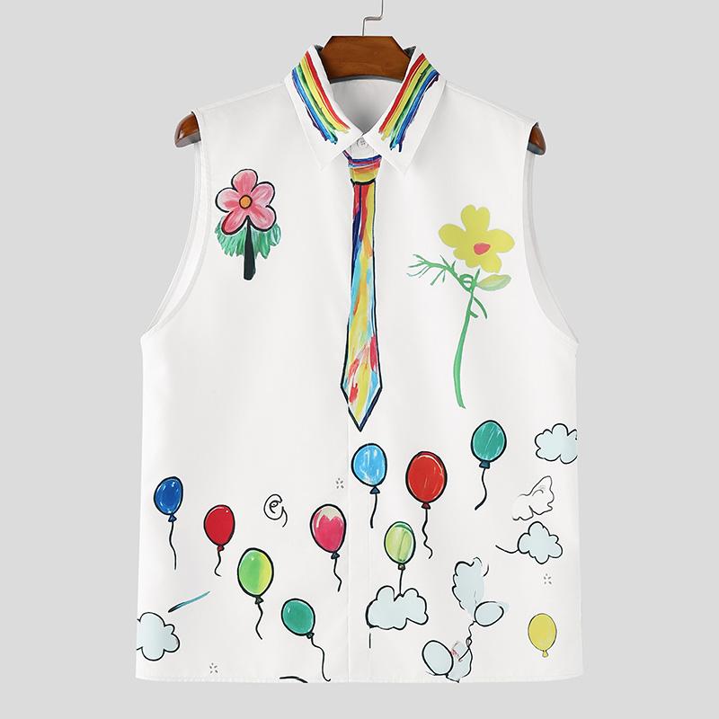 INCERUN Chemise décontractée sans manches pour homme Col à revers Boutonnée Imprimé Graffiti Dessin Animé Drôle Débardeurs de Vacances