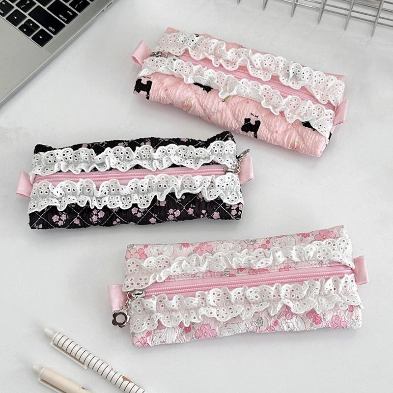 Lace Floral Pencil Case Ins Style Mini Makeup Bag Sundry Change Storage Bag Large Capacity Stationery Organizer Pen Bag