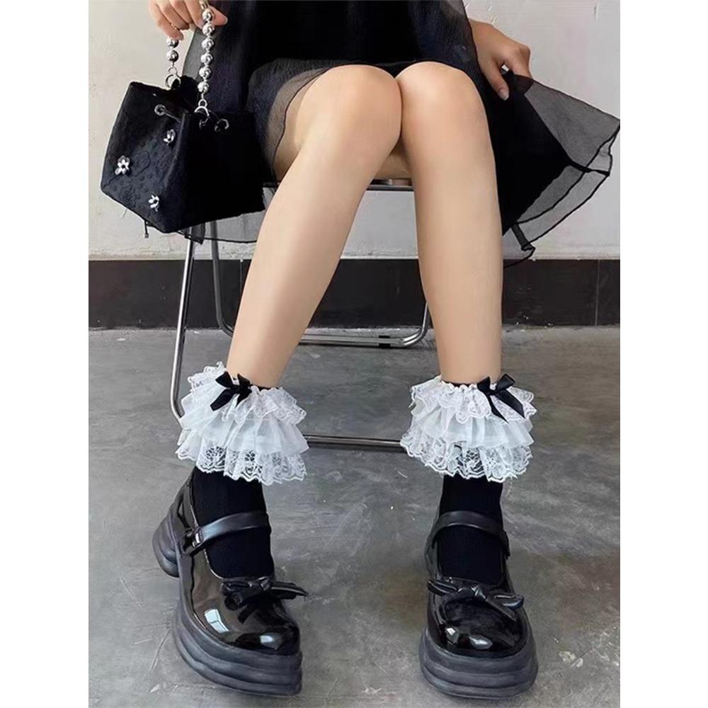 Lolita Oversized Lace Bow Mid Tube Socks Summer Sweet Lo Calf Socks Cotton Socks Lolita