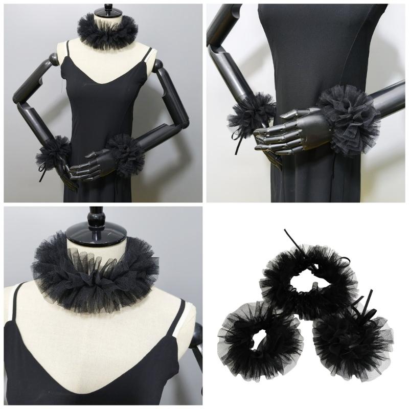 Elizabethan Mesh Neck Ruff Detachable Ruffle Collar and Wrist Cuffs for Medieval Costume and Historical Reenactments