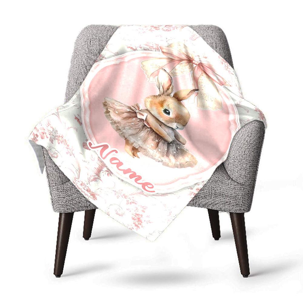 Cute Bunny With Pink Bow Home Customize Your Name Blankets Soft Cozy Lightweight Allseason Multipurpose Blanket For Picnics Sofas Offices Beds Living
