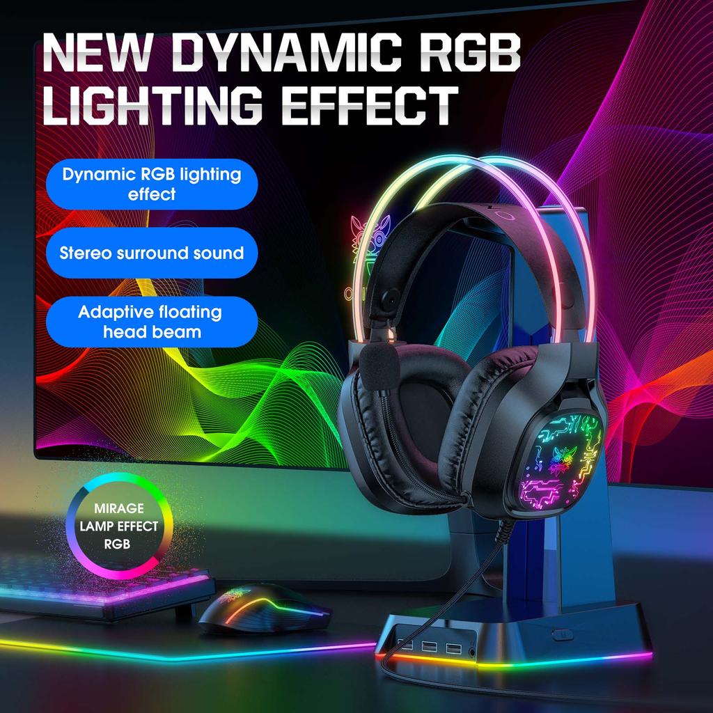 Onikuma X22 Gaming Headset RGB Dynamic Lighting Wired Over-Ear Headphones with Noise-Canceling Mic for PC PS4 Xbox PS5
