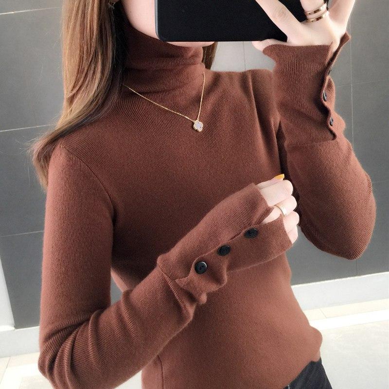 Frauen Herbst Beiläufige Gestrickte Pullover Pullover Top Pile Kragen Rollkragen Volle Hülse Taste Dünne Dünne Innere Feste Farbe