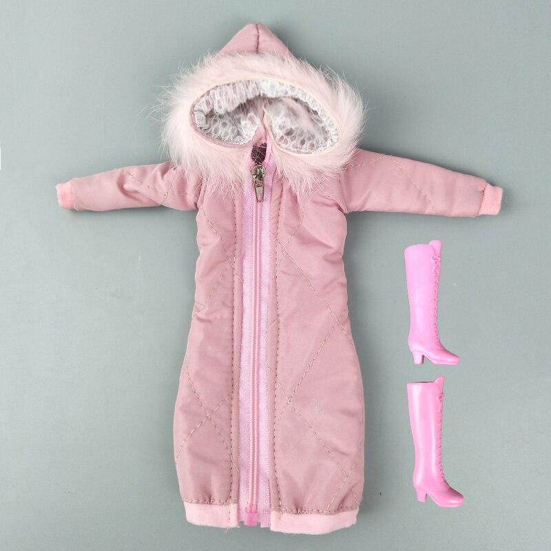Pink Winter Warm Long Big Coat+Boots Jacket Outfits Clothing for Barbie Doll Clothes For 1/6 BJD Doll Accessories DIY Toy for Kid Girl