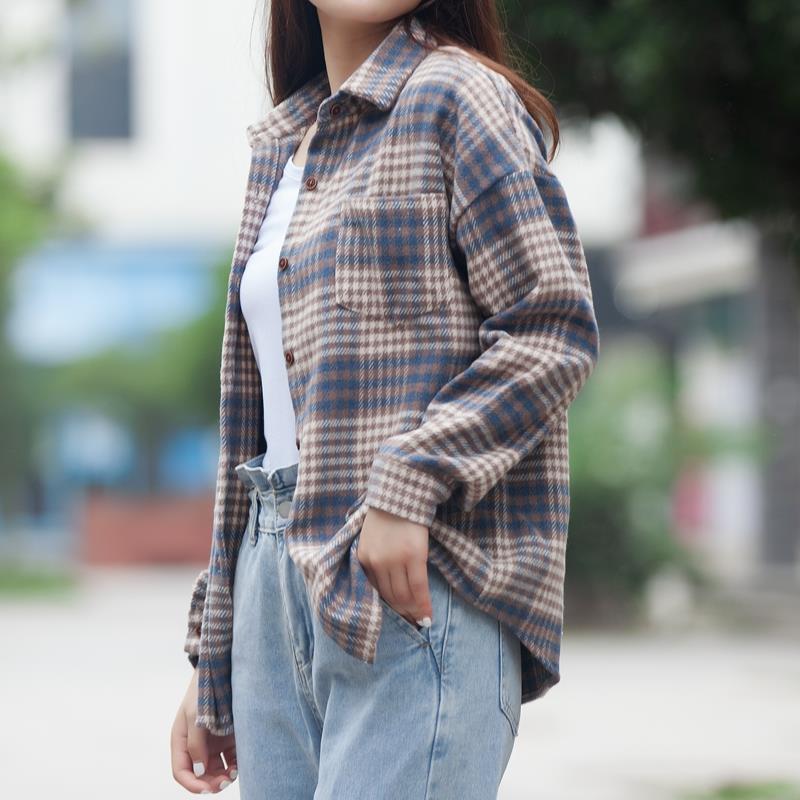 Loose Plaid Women Shirt Winter Pockets Batwing Sleeve Turn-Down Collar Thick Blouse Casual Outwear