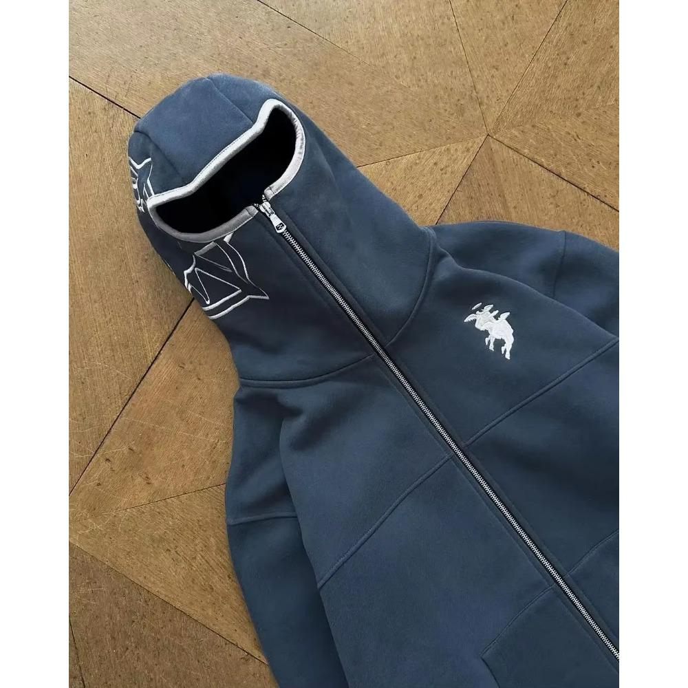 RogueWave Vintage Praná Zipová Mikina Y2K Bunda Rock Hip Hop Patchwork Oversized Mikina Svetr Dlouhý Rukáv Topy