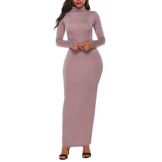 Casual Women Solid Color Long Sleeve Turtle Neck Stretchy Bodycon Long Dress