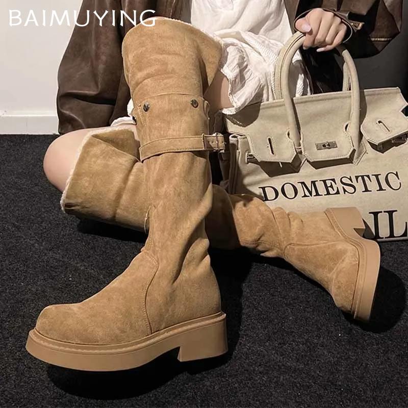 Suede Women High Boots Fur Chunky Warm Mid Heels Shoes Woman 2024 Trend Winter Pumps Eleglant Designer Walking Snow Botas Mujer