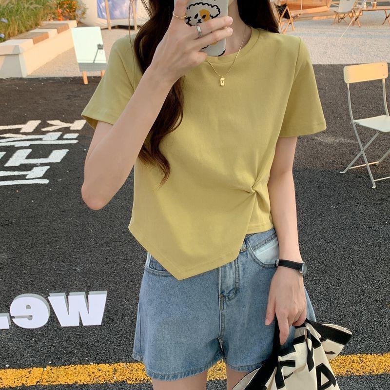 GMXIA Kurzes Design Slim Base Shirt Einfarbiges Oberteil Damen Sommer Hohe Taille Crop Unregelmäßiges Kurzarm-T-Shirt Damen