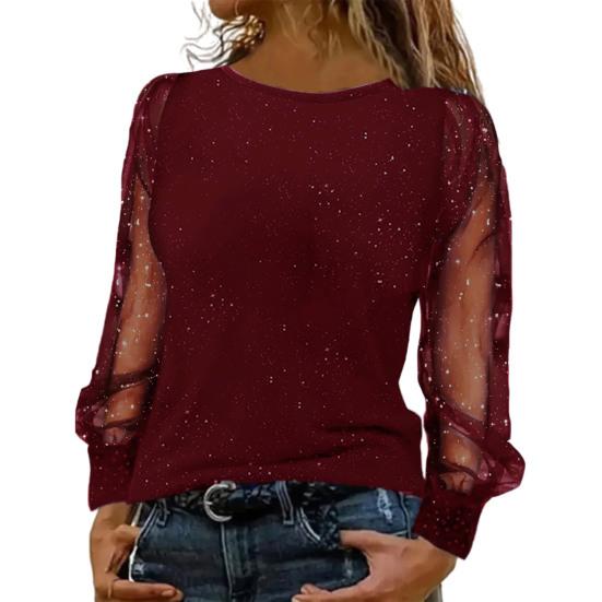 Women T-shirt O-neck Mesh Hollow Puff Long Sleeves Soft Stretchy Tops Shiny Rhinestones Regular Fit Tee Shirt Party Casual Wear