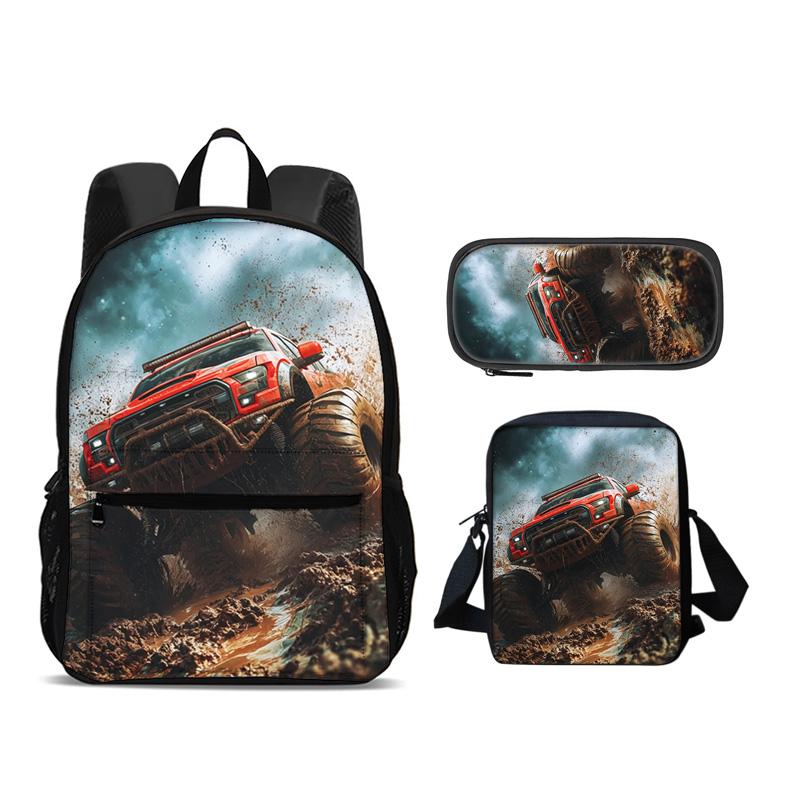Rucsac Monster Jam Geantă pentru pixuri Geantă de umăr Set 3 bucăți Capacitate mare Imprimeu cu desene animate Cel mai bun cadou de ziua de naștere pentru elevi băieți și fete
