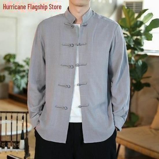 Clearance Large Size Retro Chinese Tang Suit Shirt - Men's Long Sleeve Autumn Casual Monk Style