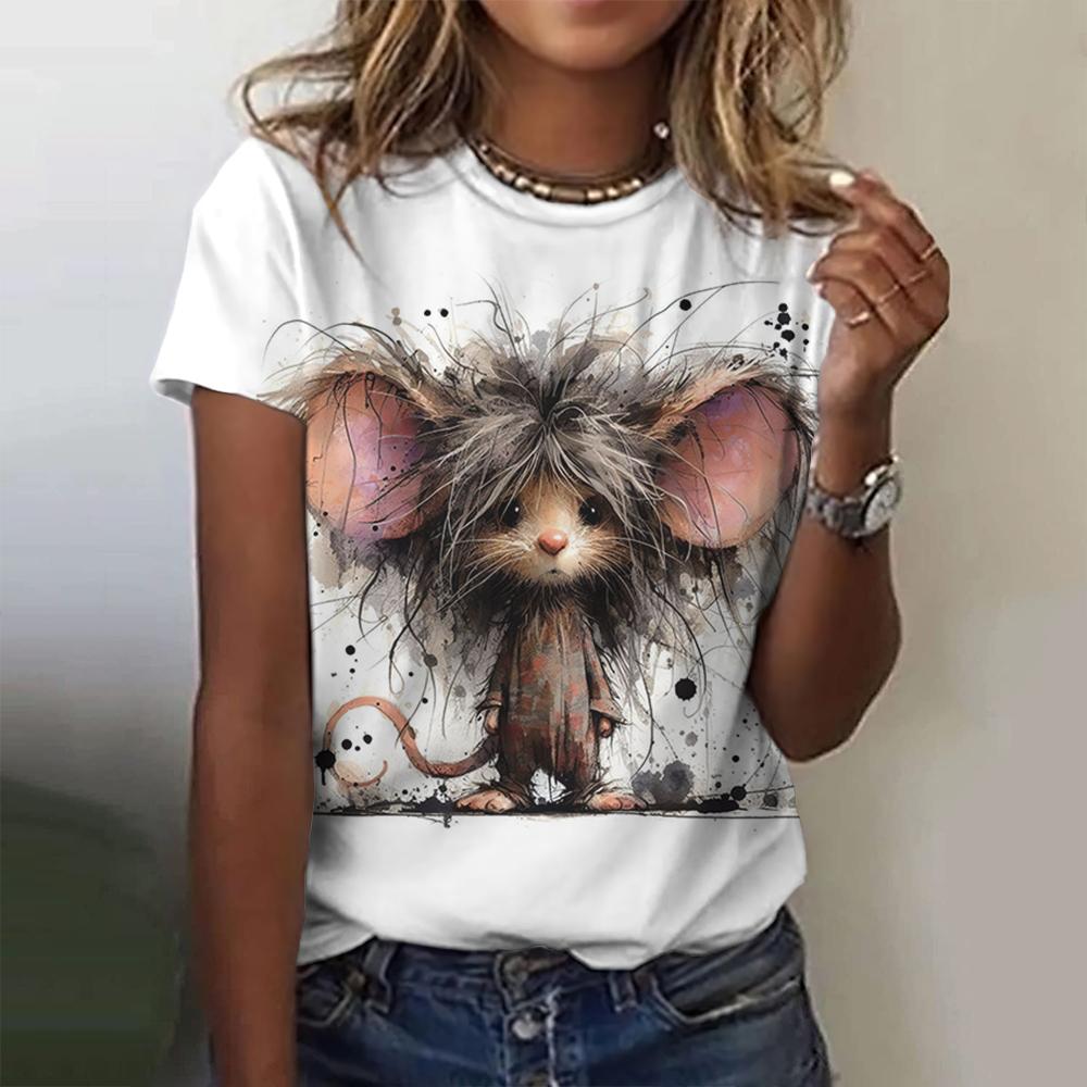 Sommar Dam T-shirt Kanintryck Casual Kortärmad 3d T-shirts Mode Streetwear O-hals Pullover Kvinnlig Oversized Kläder