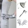 Conjunto de 3 Peças Acessórios de Fantasia de Halloween Lata Chapéu Funil Prata Luvas e Machado Conjunto para Adultos Crianças Cosplay Festa Fantasia