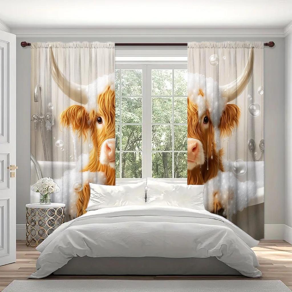 2pcs Cow That Loves To Take A Shower Printed Curtains Shade and Privacy Protection Suitable for Decorating Various Rooms