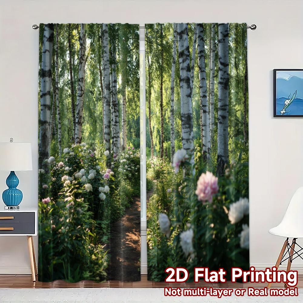 2pcs, 2D FLAT PRINTING Curtains (Without Rod) Birch Pathway Minimalist Modern Curtains Polyester Curtains Home Decor Use for