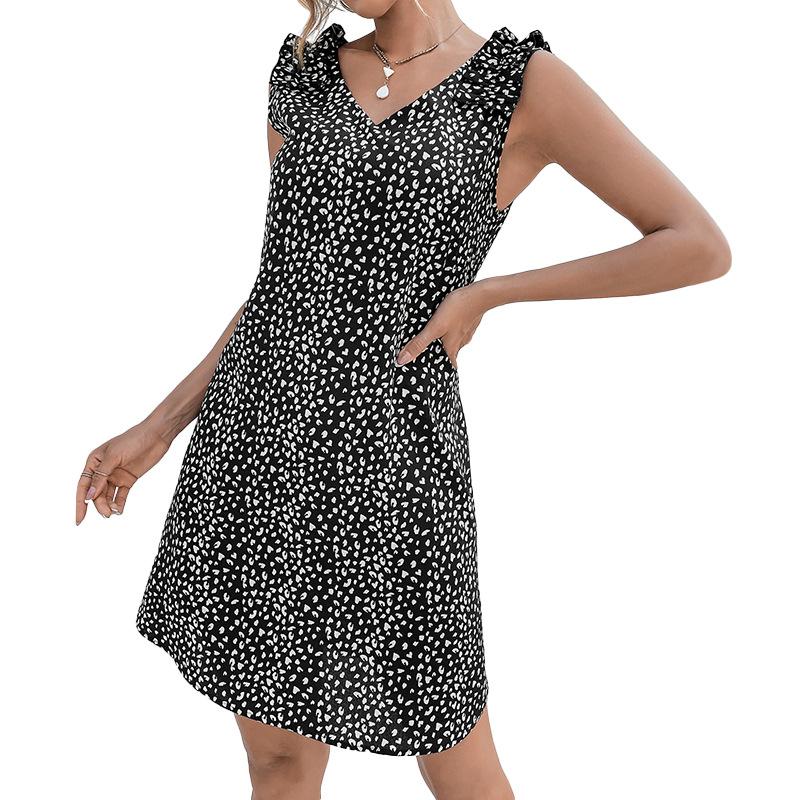 Summer New Style Casual and Simple Short Skirt with Loose Polka Dots, V-neck, Frilled Hem, Sleeveless Dress