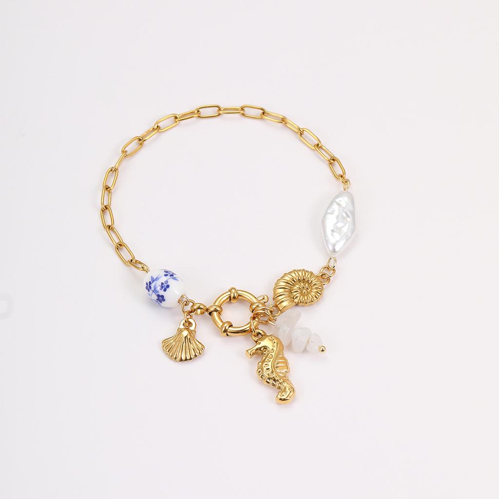 GEMCHIC Women's Summer Ocean Sea Shell Charm Bracelet Stainless Steel Gold Beach Vacation Jewelry
