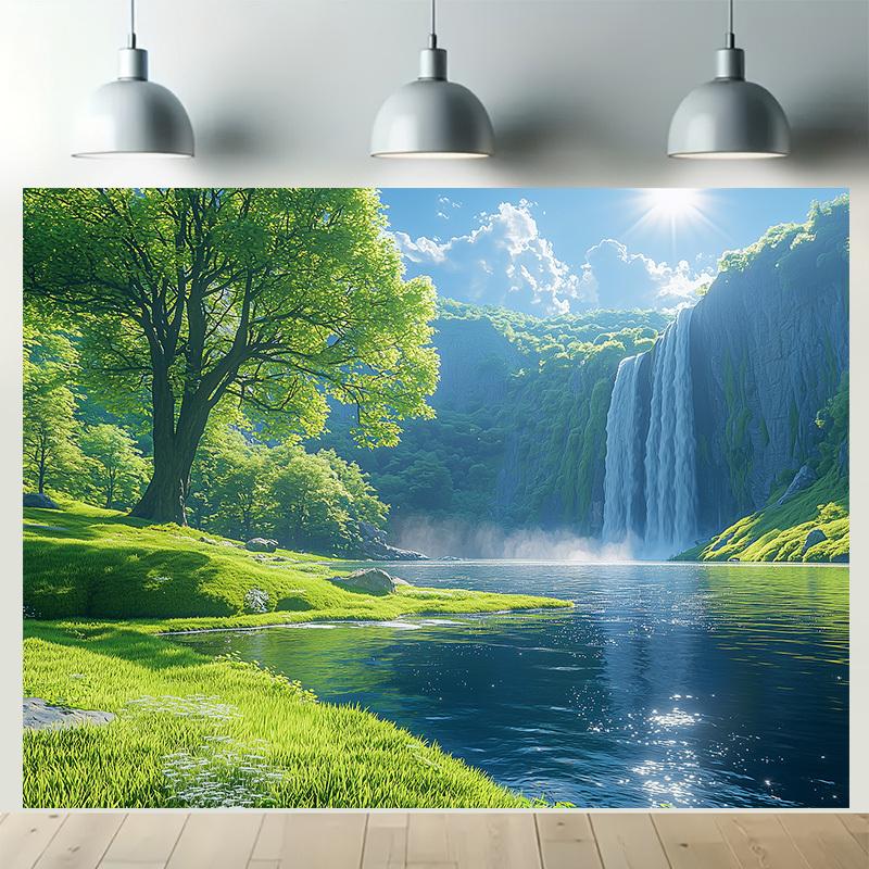 1, 2D Banner, Waterfall and Green Landscape Polyester Banner, Room and Party Decoration, Photography Background