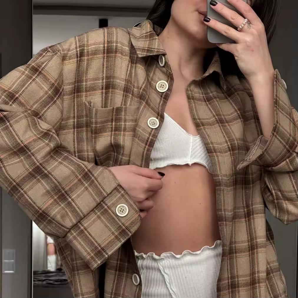 Vintage Plaid Shirt Women Y2K Spring Autumn Loose Long Sleeve Turn Down Collar Chic Single Breasted All Match Female Tops