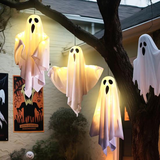 3 Stück Halloween Hängegeister 19,6" LED Leuchtend Outdoor Fliegender Weißer Geist für Vorgarten Terrasse Rasen Garten Party Deko