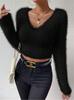 Women's Fuzzy V Neck Slim Fit Cropped Sweater Soft Plush Knitwear Long Sleeve Pullover Lightweight Stretchy Top for Fall Winter Casual Wear