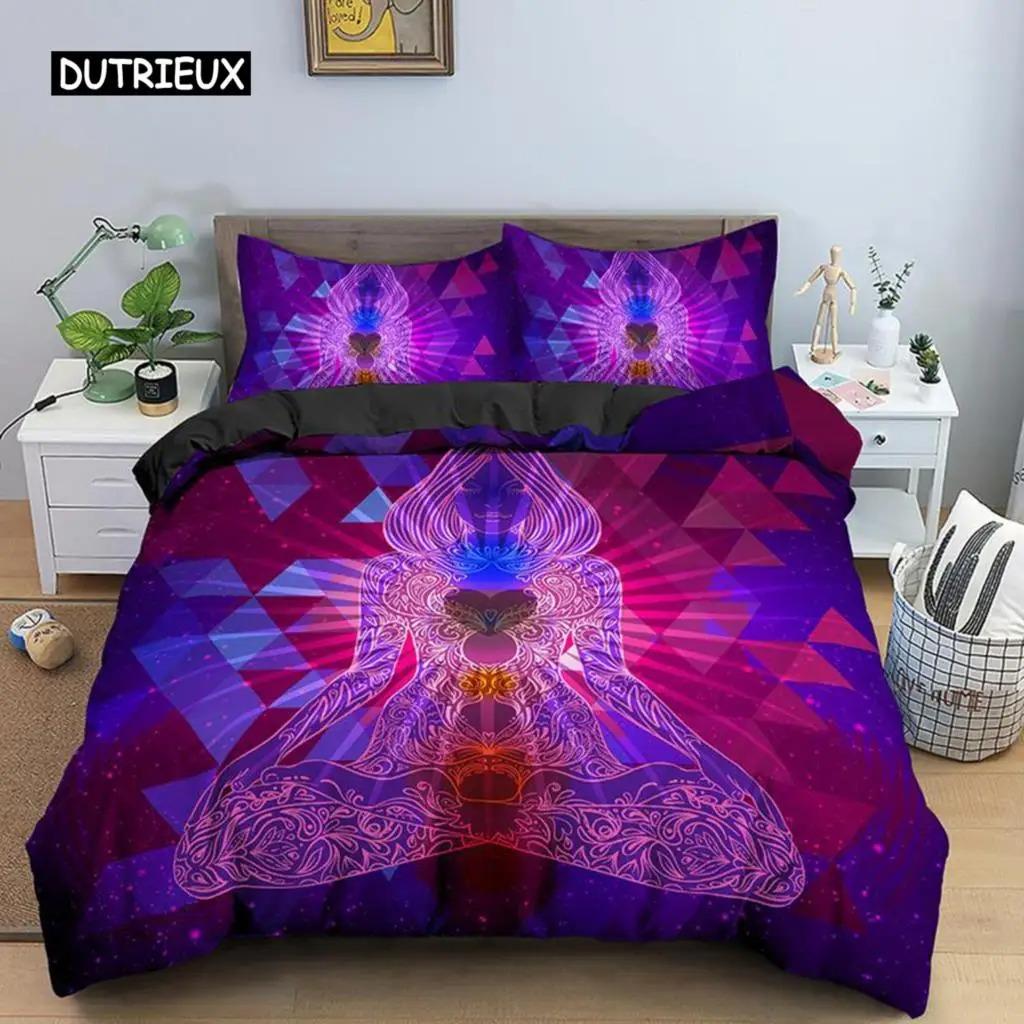 Yoga Dekbedovertrek King Queen Chakra Meditatie Beddengoedset Blauw Mandala Boho Hippie Stijl met Chakra Kunst Polyester Dekbedovertrek