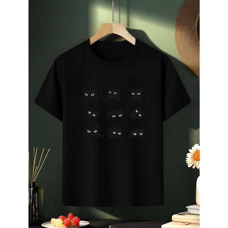 European sizes Cute Cat Pattern T-Shirt - Soft and Comfortable with Black Cat Print for Added Comfortable Fabric, Girls' Casual T-Shirt