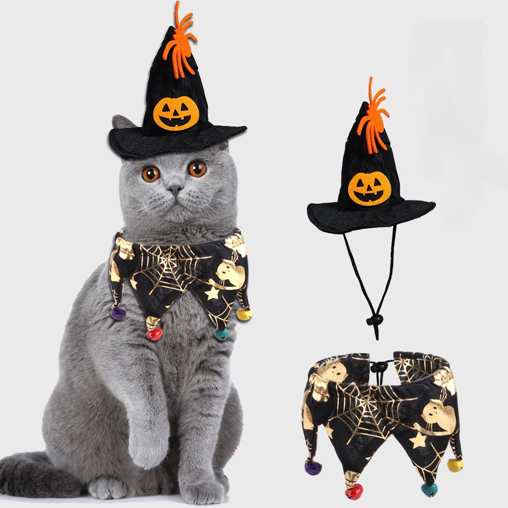 1Pc Halloween Pet Hat Scarf Cat Dog Witch Hat Collar Skull Spider Pumpkin Print Spooky Cosplay Costume Adjustable Bell Accessory