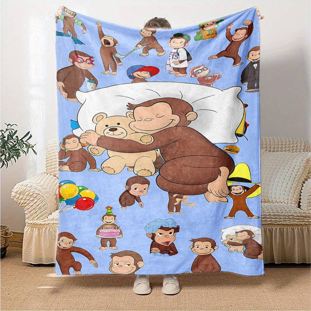 1pc Curious George (2) Blanket, Gift, for Men and Women, Soft Blanket, Good for Sofa Bed Couch Travel, Lightweight Flannel Blanket