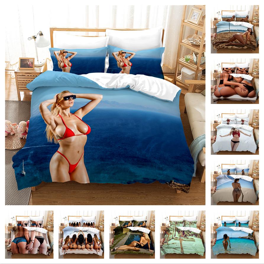 Literie à motif de beauté sexy 3D, lit simple, double, taie d'oreiller et housse de couette, 2 ou 3 imprimés de beauté de bikini, décoration de maison confortable