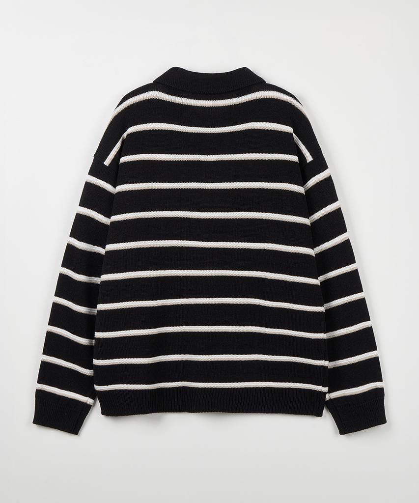 NODU Multi-Color Block Collared Stripe Knit T-Shirt [Black]