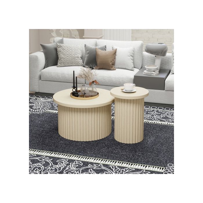 Masă joasă rotundă - MUVOE - Set 2 piese - Lemn natural - Design contemporan - Stabilă și durabilă