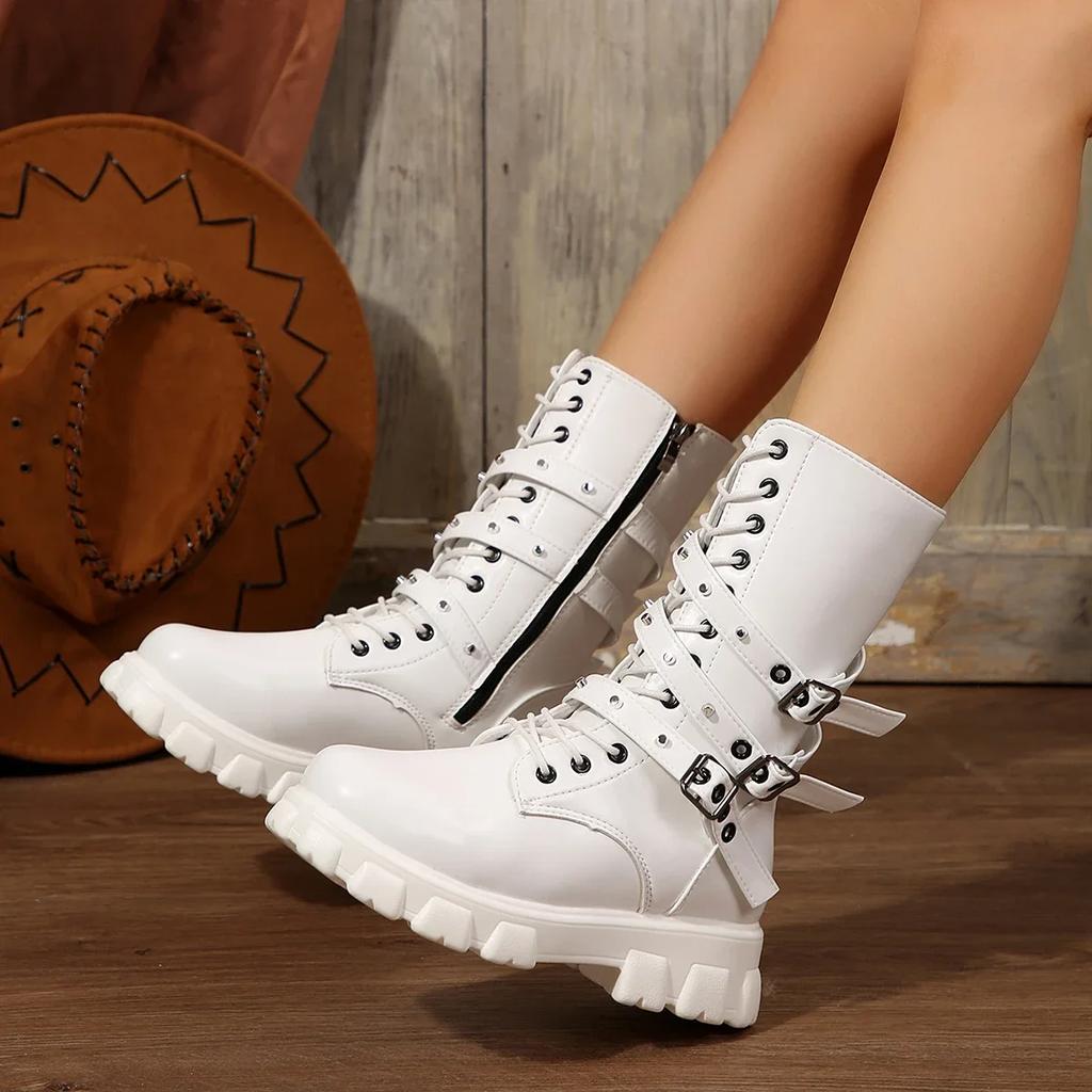 2024 Winter Neuer Stil Große Schuhgröße 43 Dicke Sohle Rutschfest Damen Schnürung Reißverschluss Kurzer Schaft Runde Zehe Leicht