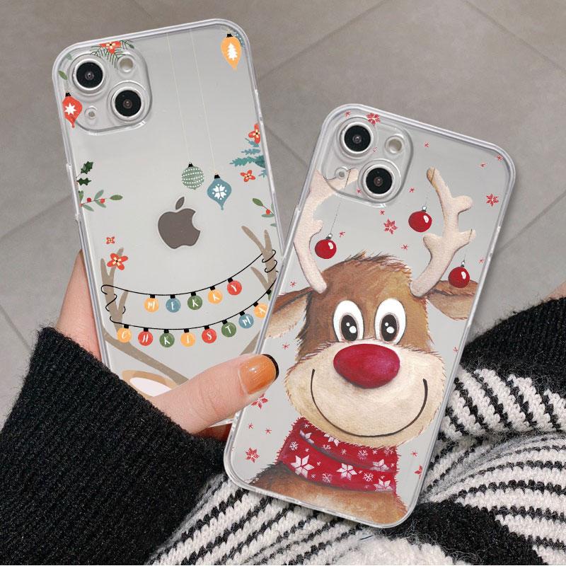 Christmas New Year Gifts Elk Snow Case For iPhone 14 11 12 Pro 13 Pro Max XR XS X 6s 7 8 Plus SE 2020 13 Mini Luxury Clear Cover