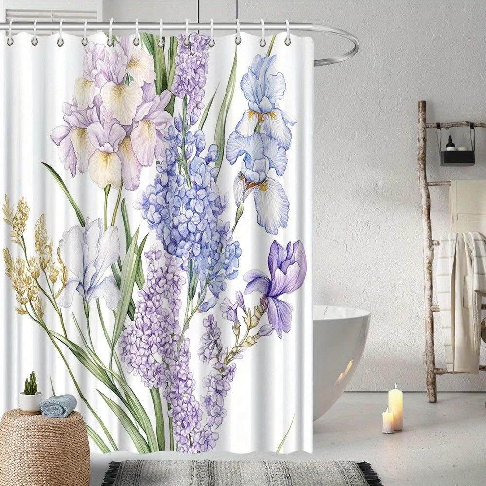 ~O~Lavender Iris & Forget-Me-Not Shower Curtain - Pale Lavender Irises, Blue Forget-Me-Nots, White Lilies, Anti-Fade Polyester