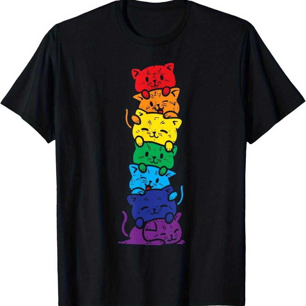 Chat Arc-en-ciel Pile Fierté LGBT Cadeau T-shirt Graphique Animal Mignon Amoureux Animal Casual Manches Courtes T-shirt