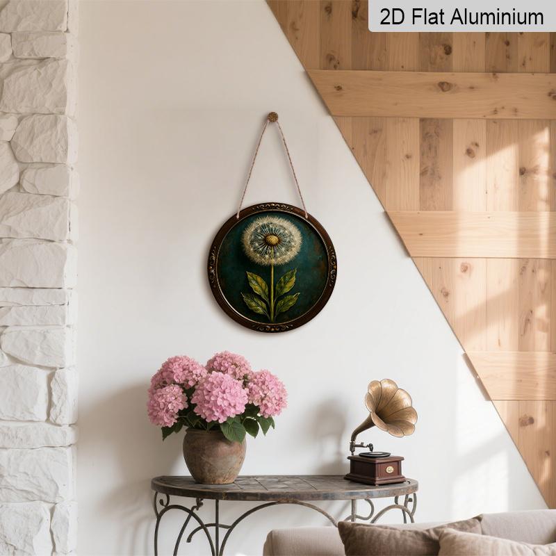 2D Flach, 1 Stück Vintage Aluminium Metallschild Wandkunst, Pusteblumendesign mit Türkisblauem Hintergrund & Verziertem Goldenem Rahmen, 7,87 Zoll Innen-/Außenbereich Zuhause Café