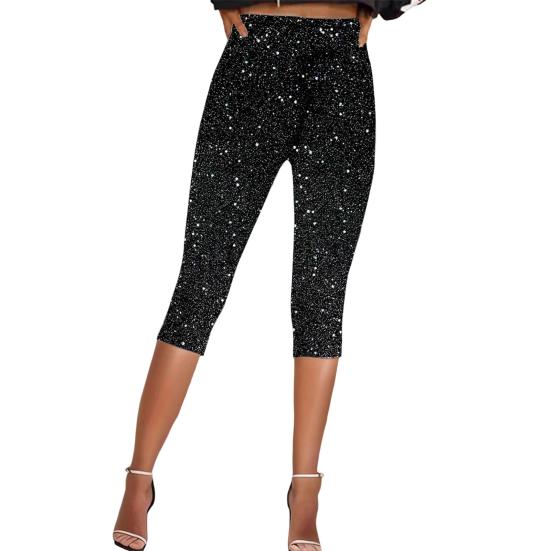 Women Cropped Pants Elastic High Waist Skinny Fit Shiny Sequins Pants Vacation Travel Work Casual Pants