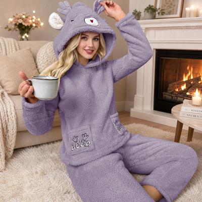 Neues 2026 Damen Winter Cartoon Hirsch Kapuzen-Pyjama-Set Süßes Plüsch-Fleece Langarm Dick Warm 2-teilig Nachtwäsche Lässige Damen Hauskleidung