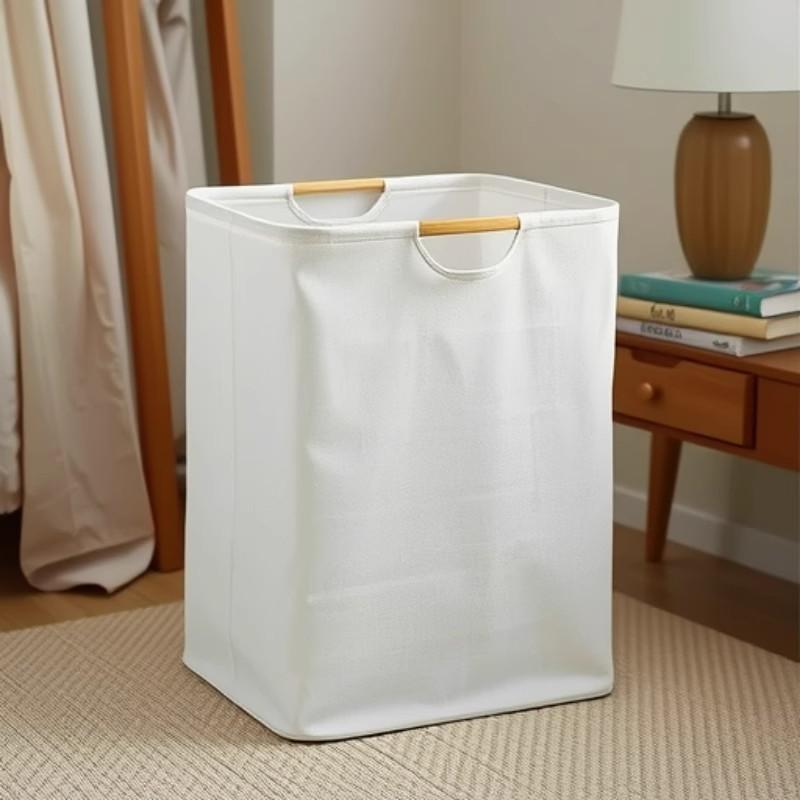 Cotton Linen Collapsible Laundry Basket With Wooden Handles For Home Organization And Storage