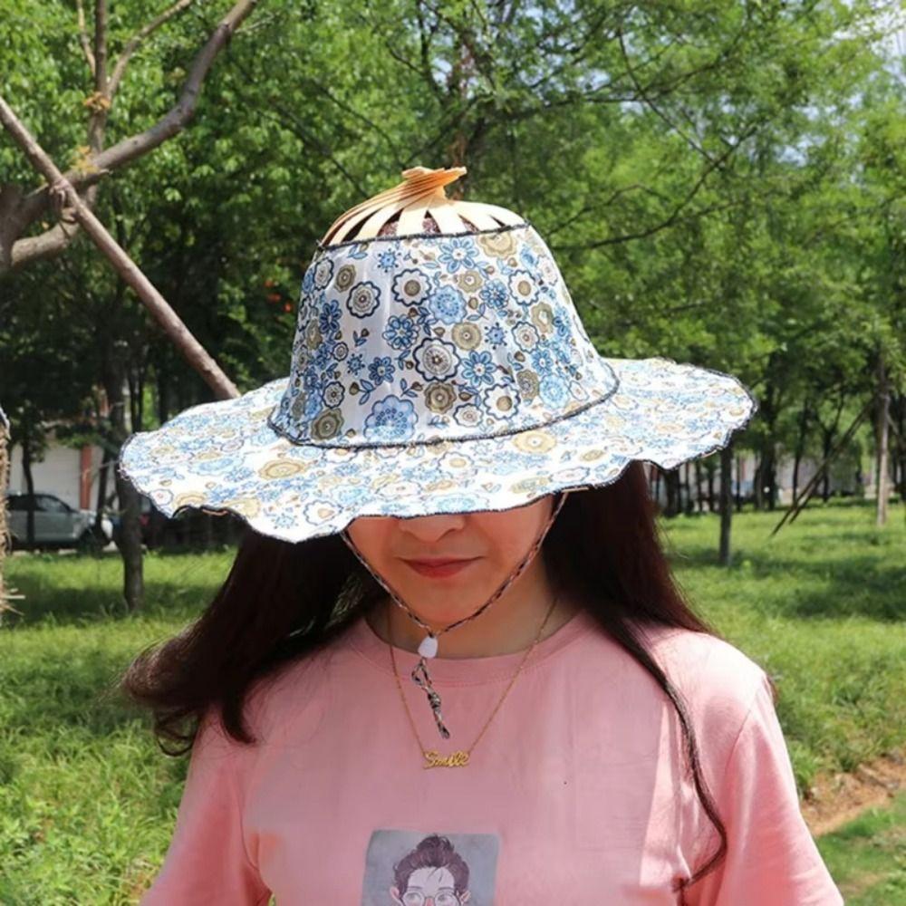 Floral Printed Folding Fan Hat Foldable Bamboo Sunscreen Cap Fan Sun Hats for Travel
